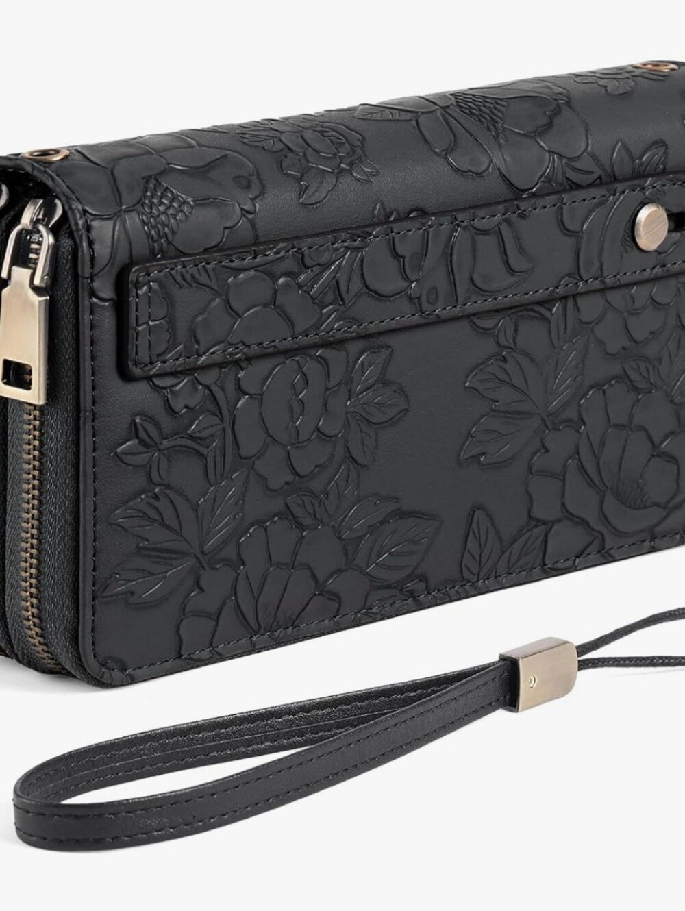 Black Floral Embossed GAEKEAO RFID Wristlet Wallet with Grip Strap- Women Bags